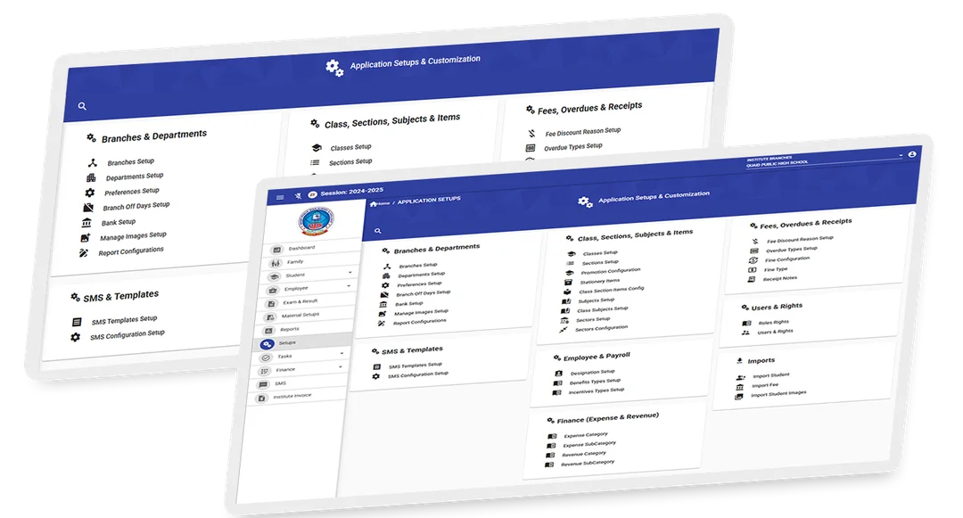 School ERP configuration and setup interface