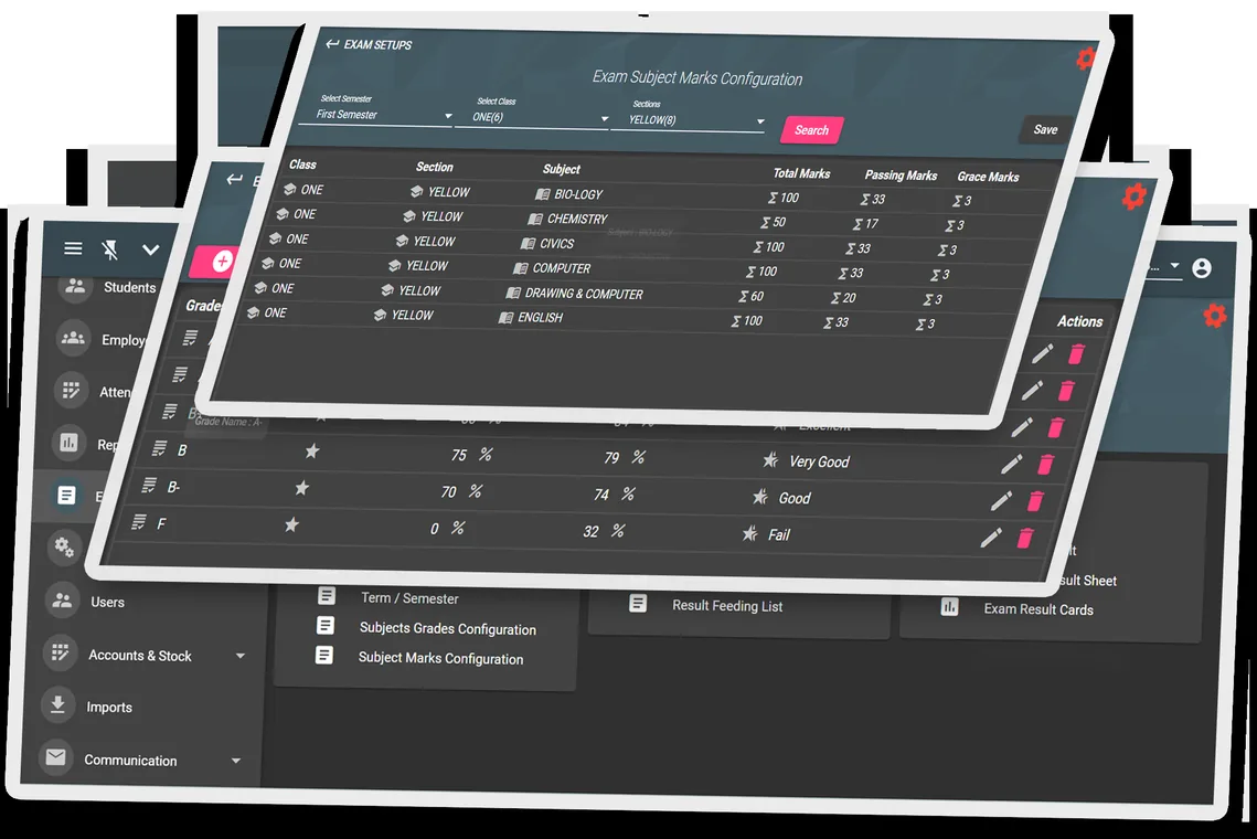 Exam and result processing interface