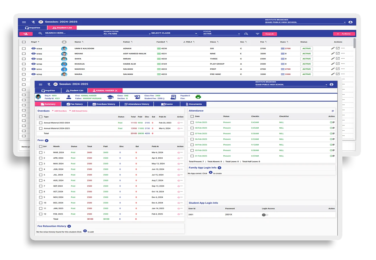 2X School student management interface